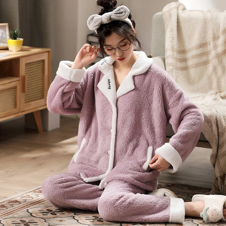 Autumn and Winter Flannel Cartoon Plus Women's Coral Fleece Home Suit Set in European and American Plus Size Sleepwear Homewear