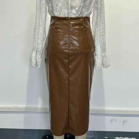 Women's Faux Leather Bodycon Skirt - High Waisted Slim Fit Midi Skirt With Front Slit & Button Decor