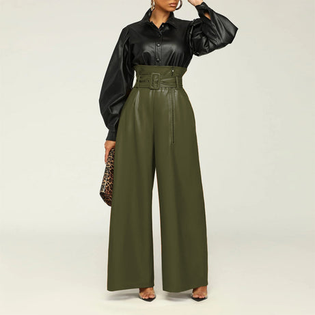 Women's Fashion High-Waisted PU Wide-Leg Pants, Solid Color Metal Belt Detail Trousers With Pockets