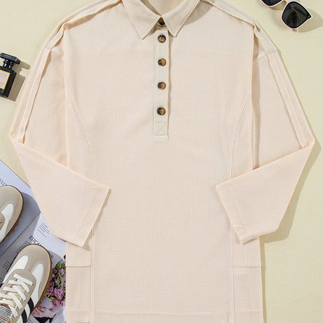 Pink Waffle Long Sleeve Collared Half Button Relaxed Fit Top
