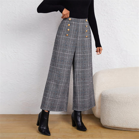 Women's Spring Fashion Plaid Wide-Leg Ninth Pants With Double-Breasted Decoration For Daily Office Wear
