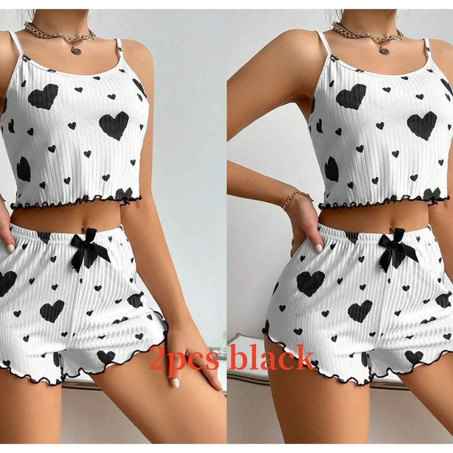 Women's Pajamas Set Sleepwear 2 PCS Short Tank Tops And Shorts S M L White Ventilate Soft Casual Love Printing