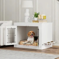 PawHut Dog Crate Furniture With 360 Rotatable Removable Dog Bowls, Dog Kennel Furniture For Medium Dogs, White