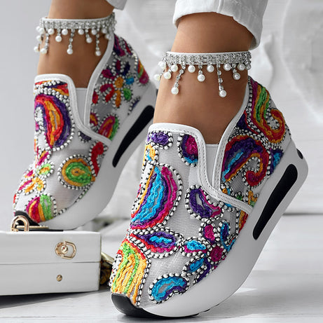 Women's Random Print Side Lace-Up Elastic Sport Shoes, Comfortable Slip-On Sneakers For Women, Casual Daily Wear Footwear