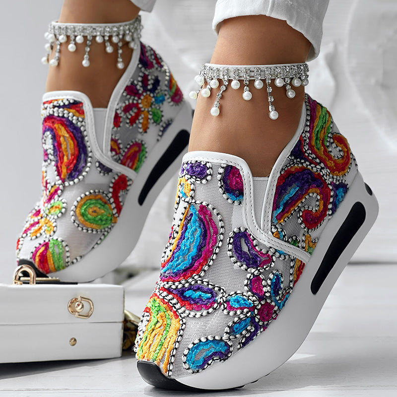 Women's Random Print Side Lace-Up Elastic Sport Shoes, Comfortable Slip-On Sneakers For Women, Casual Daily Wear Footwear
