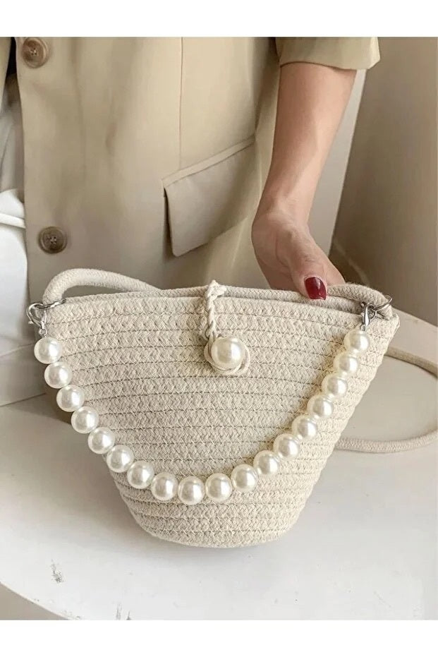 Women White Shoulder Bag With Pearl Design Elegant Baguette Handbag