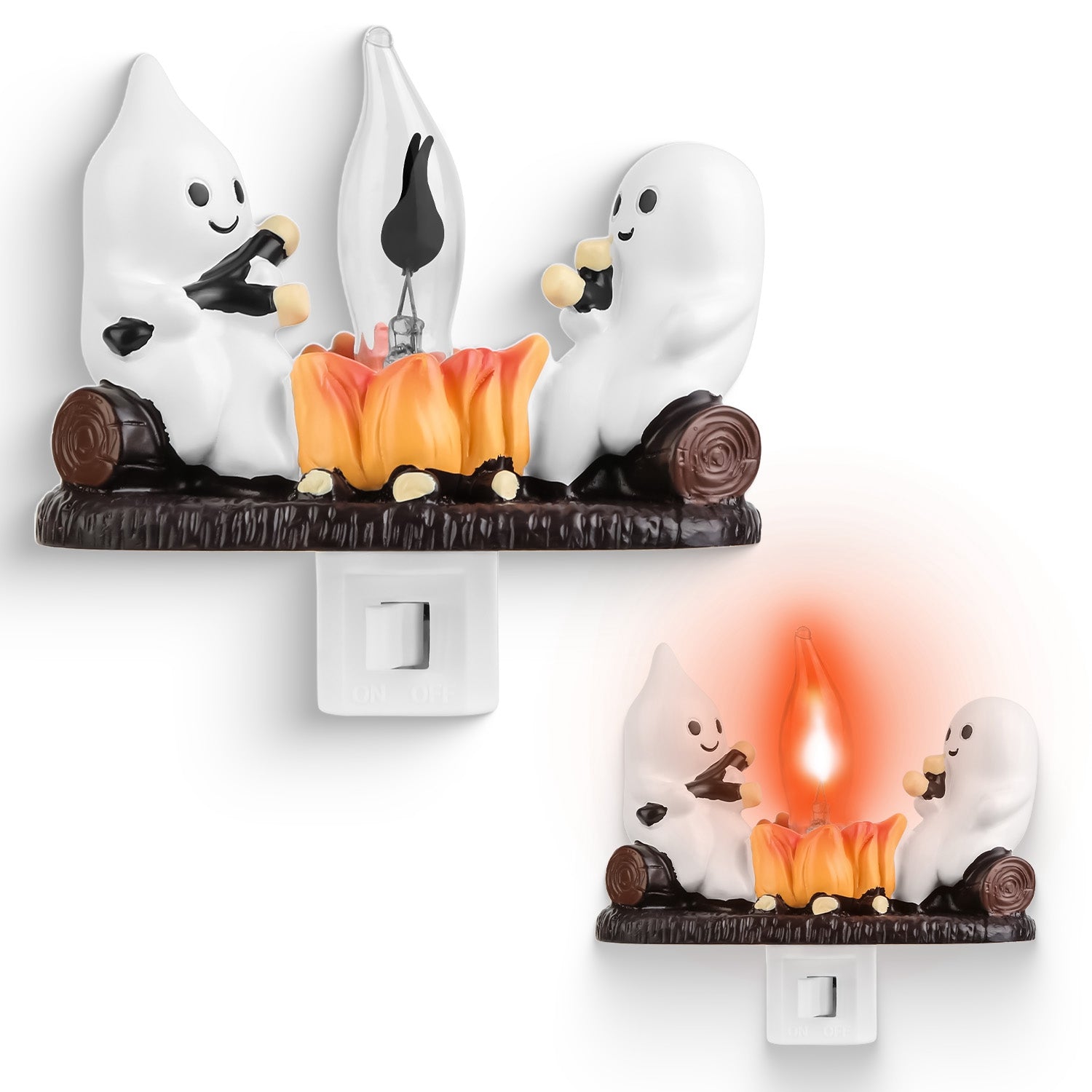 2Pcs Ghost Campfire Flickering Flame Night Light Indoor 3D Funny Halloween Nightlight Decoration Bedroom Night Light Halloween Decoration Gift For Friend Family
