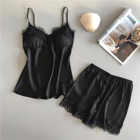 1 Set Women's Pajamas Set, Fashionable V-neck Lace Sexy Pajamas, Pajama Shorts Set, Ice Silk Camisole Top Pajama Pants