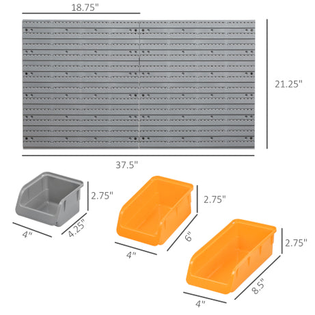 DURHAND 44 Piece Wall Mounted Pegboard Tool Organizer Rack Kit With Various Sized Storage Bins, Pegboard, & Hooks, Orange