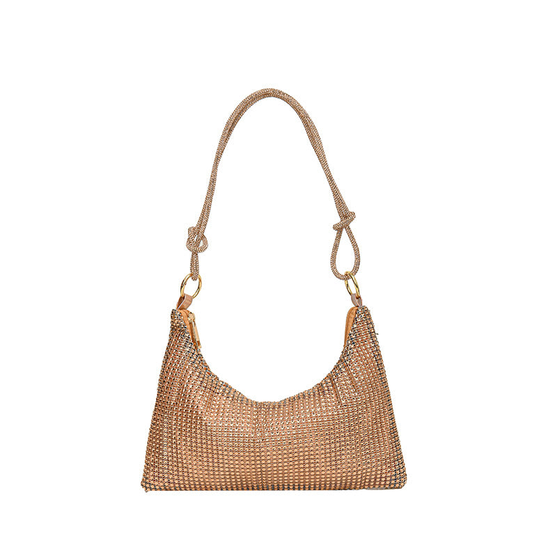 Women's Solid-Color Shiny Faux Rhinestone Zipper-Knotted Shoulder Bag