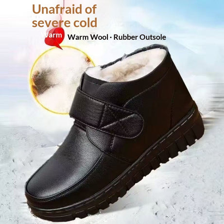 Fleece-lined Extra-thick Warm Ankle Boots Mid- And Elderly Leather Boots With Flat Soles