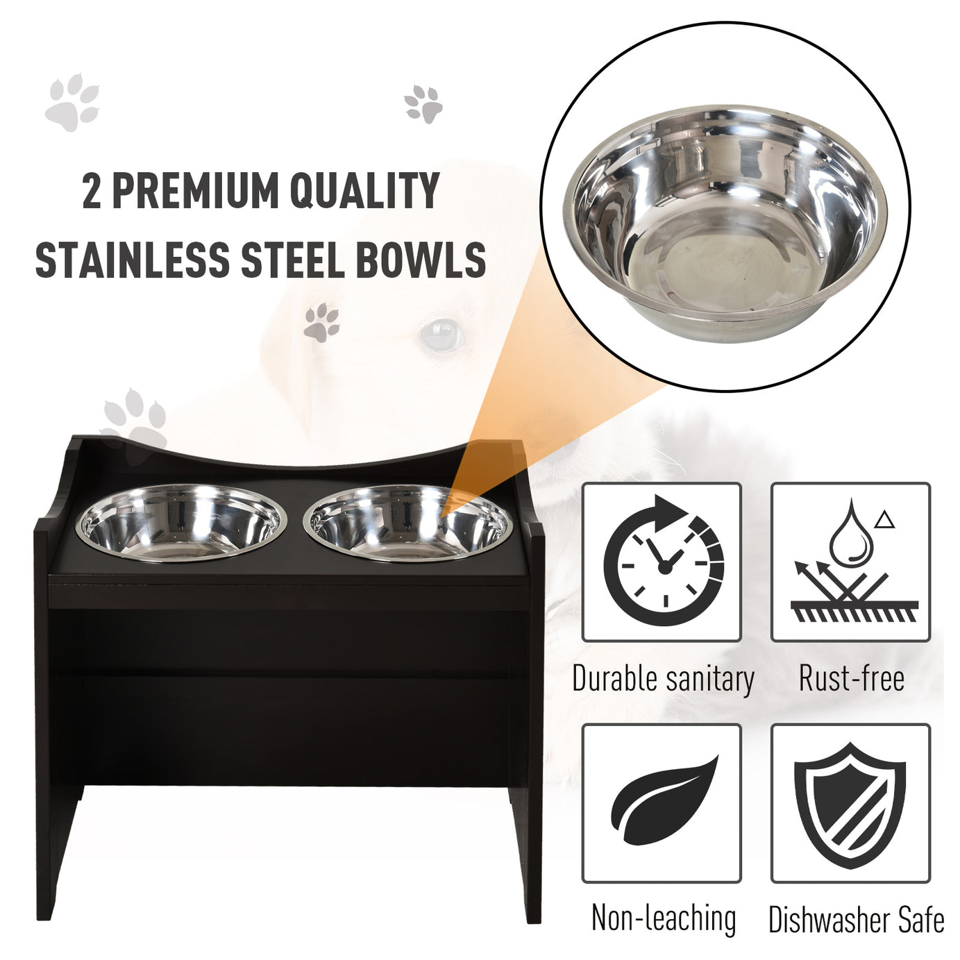 Raised Pet Food Elevated Feeder with 2 Stainless Steel Bowls, 3 Levels Adjustable Height Levels, and Wood Finish