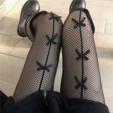 Women Sexy Mesh Fishnet Tights Stockings Pantyhose Bows Transparent Gothic Party Club White Black Women Lolita Socks Lingeries