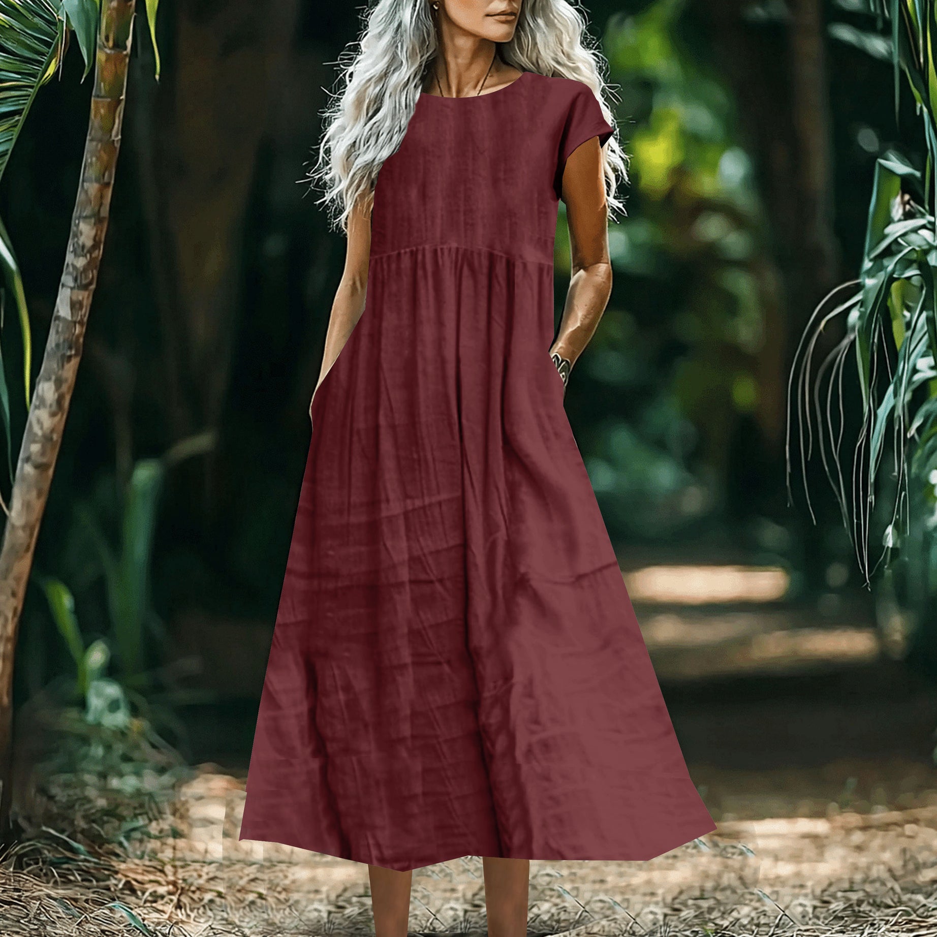 Women's Solid-Color Loose-Fitting All-Match Cotton-Linen Dress With Pockets