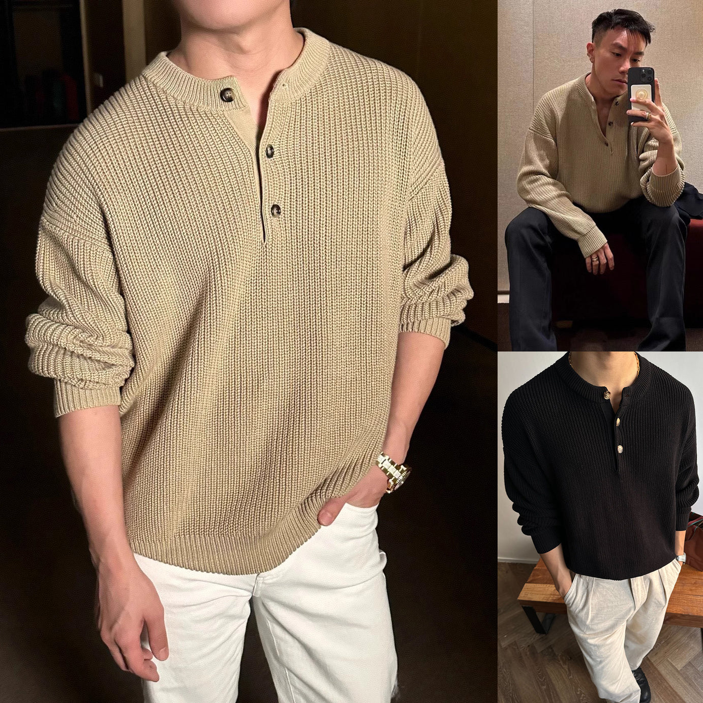 Mens Chunky Solid-Color Sweater For FallWinter