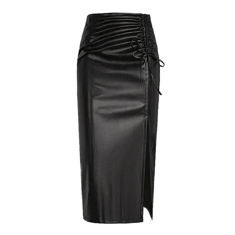 Women's Solid Color PU Leather Pencil Skirt, Drawstring Waist Bodycon Midi Skirt With Slit Hem