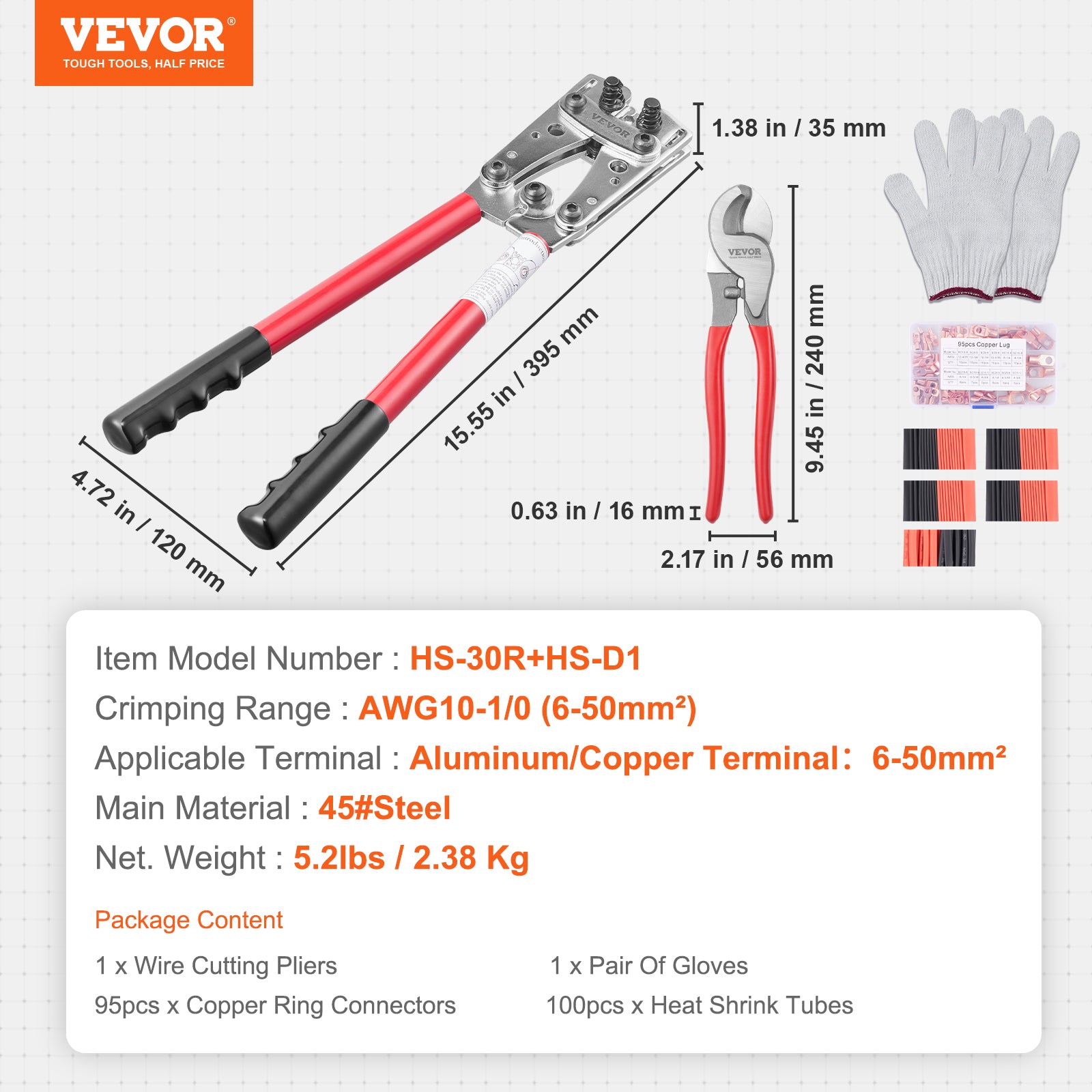 VEVOR Crimping Tool, AWG Copper And Aluminum Terminal Battery Lug Crimper, 6 Wire Sizes Crimping Die, With A Cutting Pliers, Gloves, 95pcs Copper Ring Connectors, And 100pcs Heat Shrink Tubes