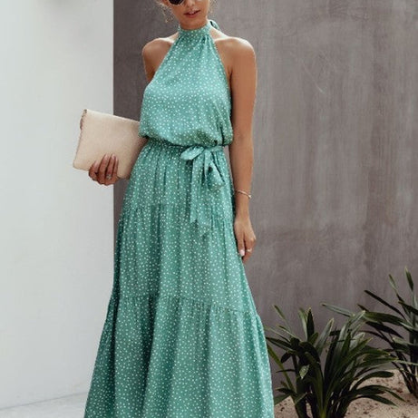 Tie Back Polka Dot Ruffle Hem Halter Dress