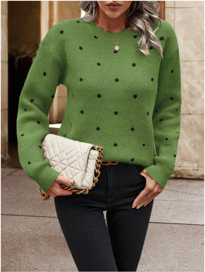 Fashion Polka Dot Print Pullover Sweater Casual Long-sleeved Knitted Tops Women's Clothing