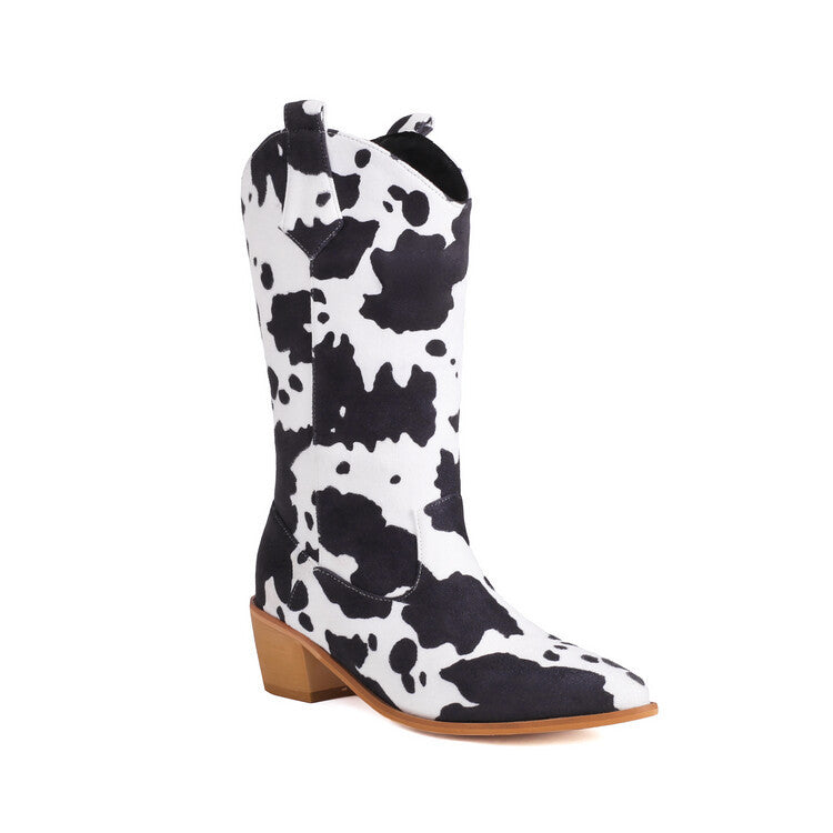 Women's Leather Boots With Cow Print Suede And Stylish
