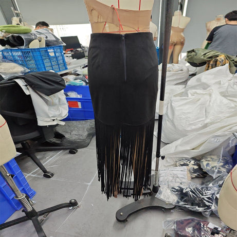 Women's Suede-Look Maxi Skirt With Fringe Hem, Western Bohemian Style Skirt For Spring And Summer