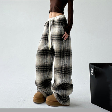 Women's High-Waisted Plaid Wide Leg Pants, Check Pattern Trousers With Drawstring Waist And Pockets