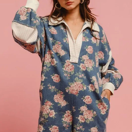 BiBi Washed Floral Denim Romper With Contrast Collar