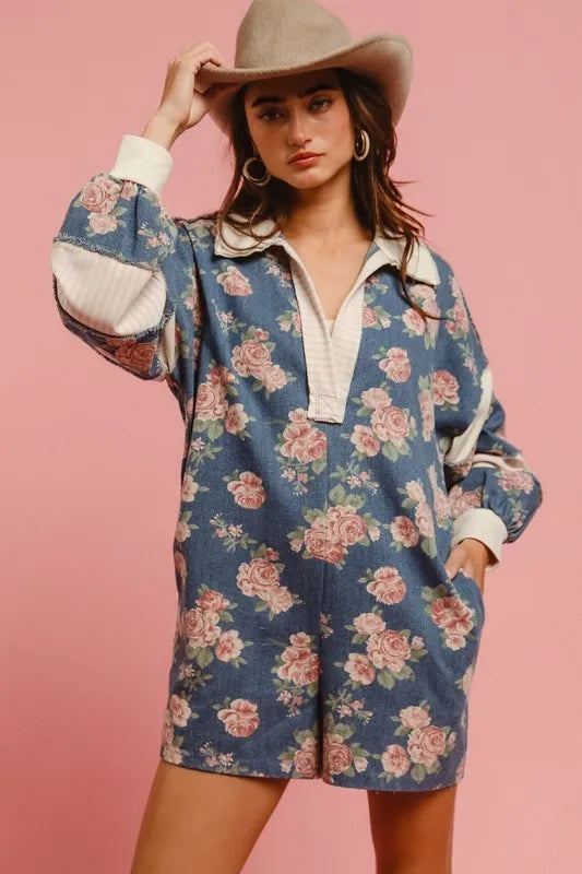 BiBi Washed Floral Denim Romper With Contrast Collar