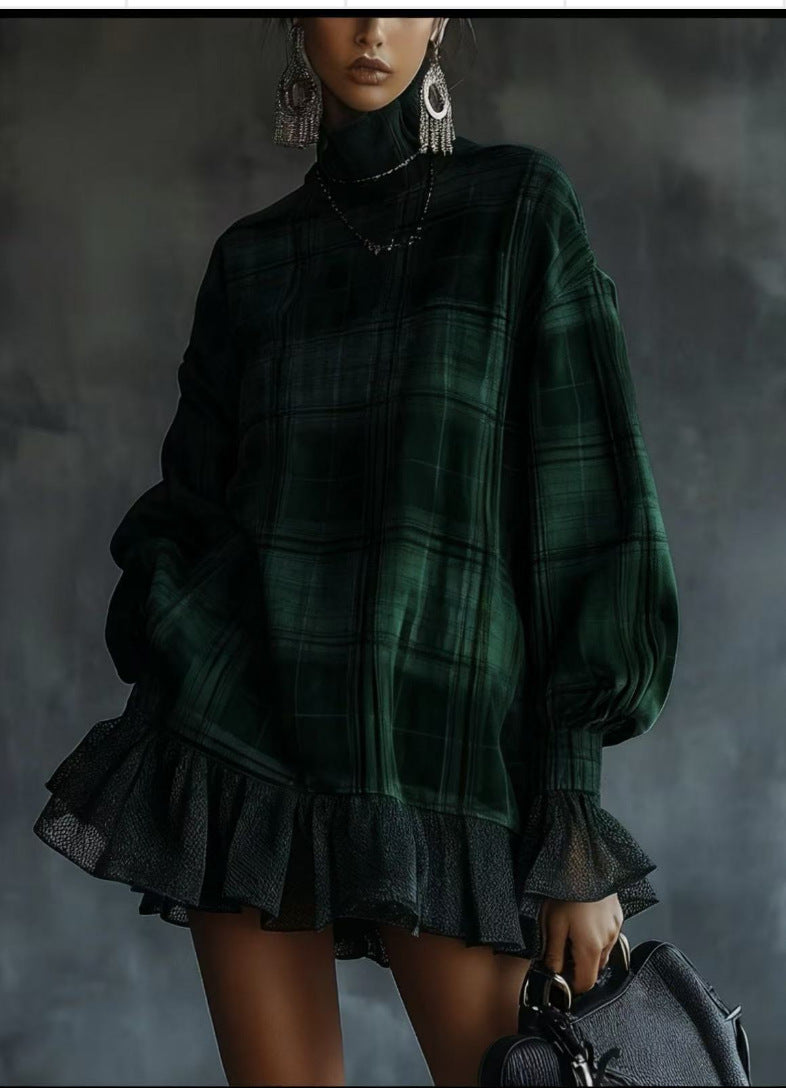 Women's Spring Collection Designer Plaid Dress With Ruffled Hem