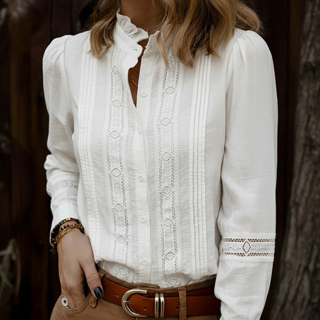 Elegant Lace-trimmed Stand Collar Hollow-out Long-sleeve White Shirt