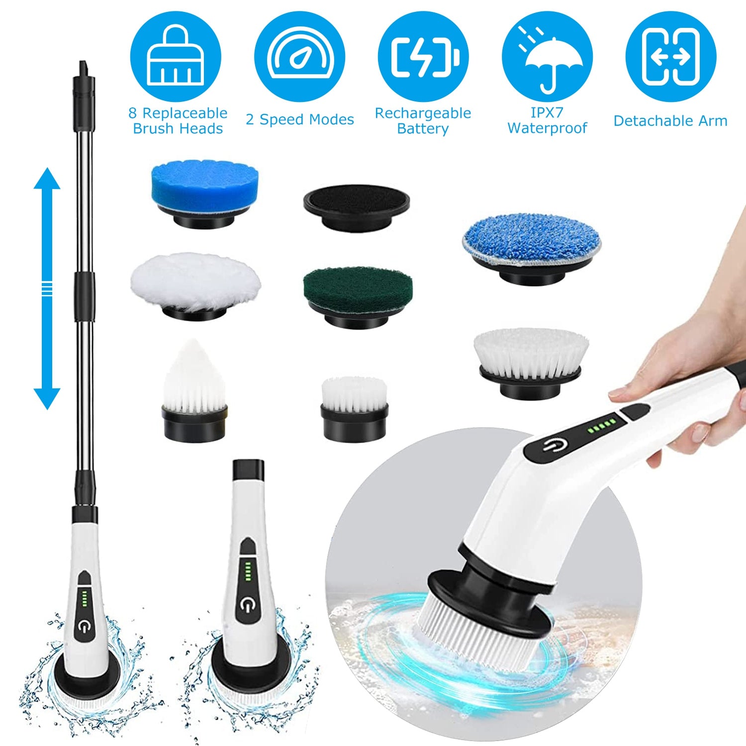 1Pc Electric Spin Scrubber Cordless Rechargeable Telescopic Cleaning Brush 8 Replaceable Heads 2 Speed Adjustable Extension Arm Bathroom Tub Tile Floor