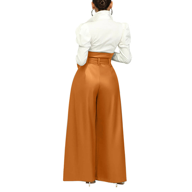 Women's Fashion High-Waisted PU Wide-Leg Pants, Solid Color Metal Belt Detail Trousers With Pockets