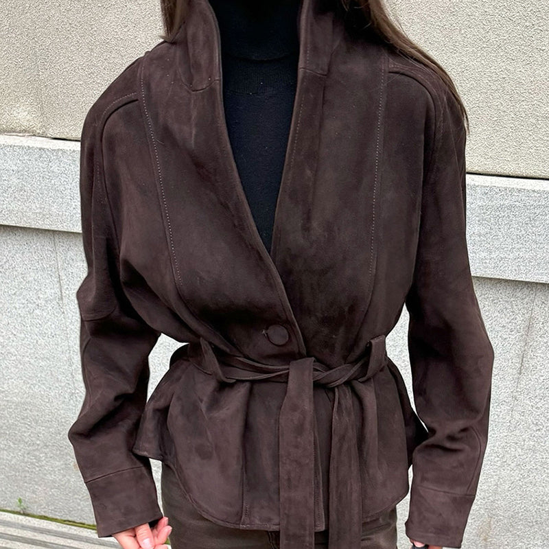 Women's Vintage Faux Suede Jacket - Self Tie Waist Belted Coat, Retro Solid Color