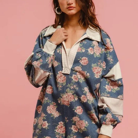 BiBi Washed Floral Denim Romper With Contrast Collar