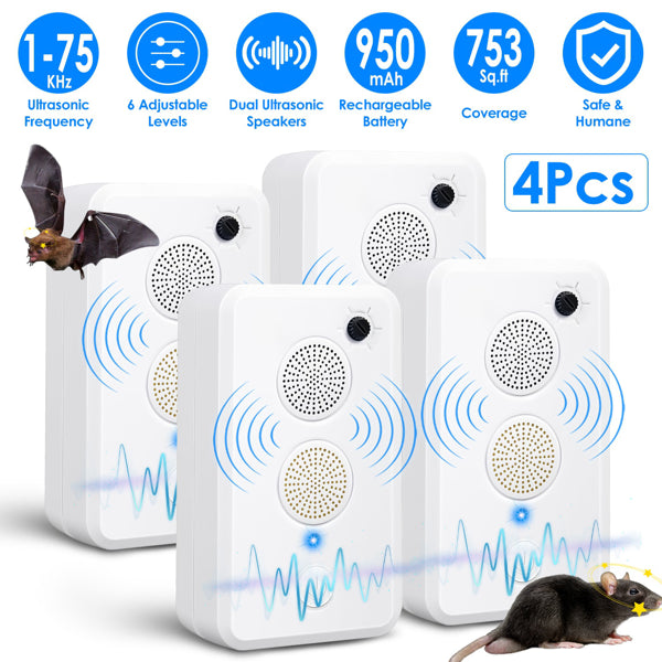 4pcs Ultrasonic Pest Repeller - 1-75KHz Adjustable 6 Levels, Repels Bats Birds Mice, 753Sq.ft Coverage, 950mAh Rechargeable For Indoor Outdoor Use