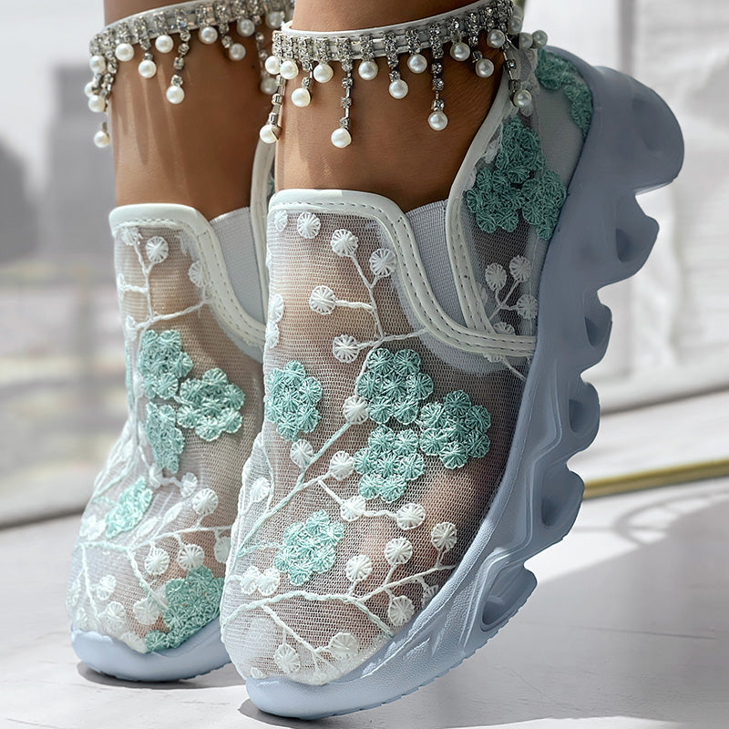 Contrast Glitter Transparent Mesh Patch Breathable Sneakers - Without Ankle Strap