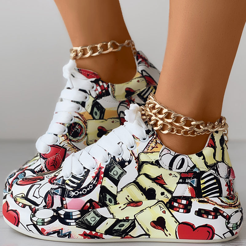 Women's Casual Round Toe Thick Sole Lace-Up Sneakers, Random Print Design, Comfortable Sporty Shoes For Daily Wear