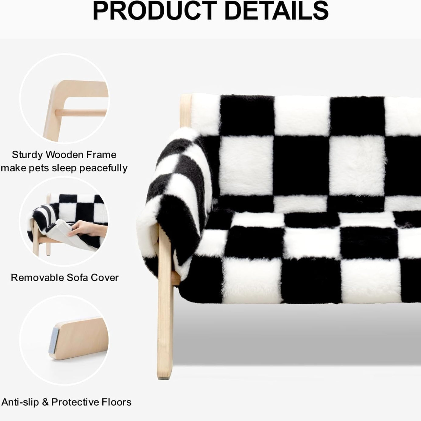 MEWOOFUN Raised Cat Bed With Wooden Legs - Sturdy Cat Sofa Holds 15kg, 56x45cm Soft Checkerboard Couch With Removable Washable Cover For Indoor Cats & Kittens