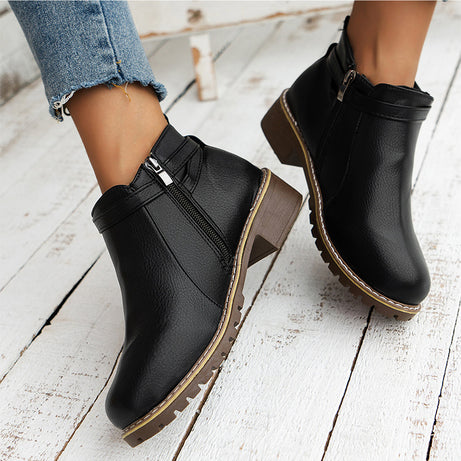 Low-heeled Leather Belt-buckle Plus-size Round-toe Ankle Boots
