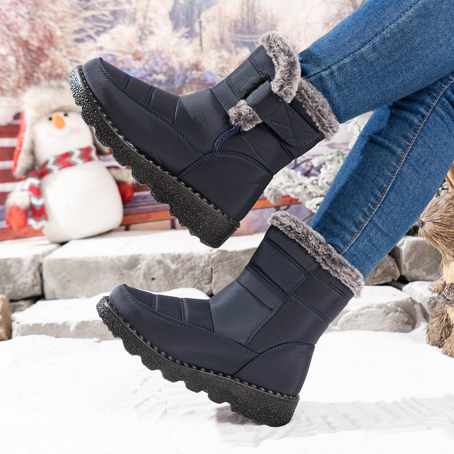 Women's Snow Boots With Rabbit Fur And Velcro Closure