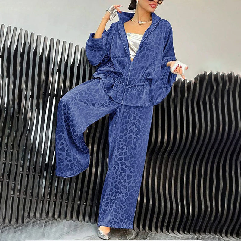 Women's Casual 2-Piece Set, Drawstring Leopard Print Zip-Up Top & Wide Leg Pants For Spring Fall