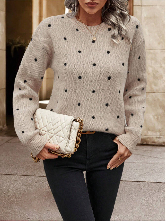 Fashion Polka Dot Print Pullover Sweater Casual Long-sleeved Knitted Tops Women's Clothing