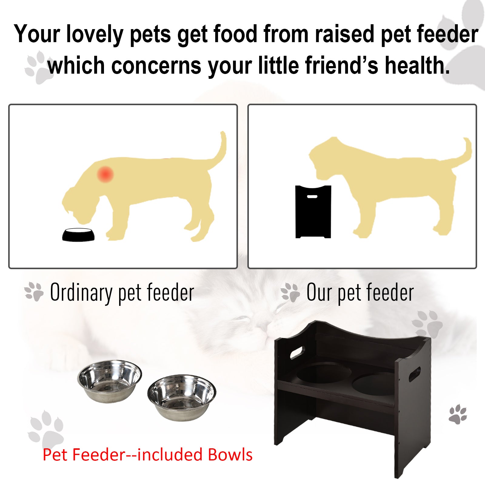 Raised Pet Food Elevated Feeder with 2 Stainless Steel Bowls, 3 Levels Adjustable Height Levels, and Wood Finish
