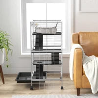 PawHut Rolling Small Animal Cage With Hammock, Ferret Cage, Chinchilla Cage, Pet Habitat With 6 Doors, Removable Tray