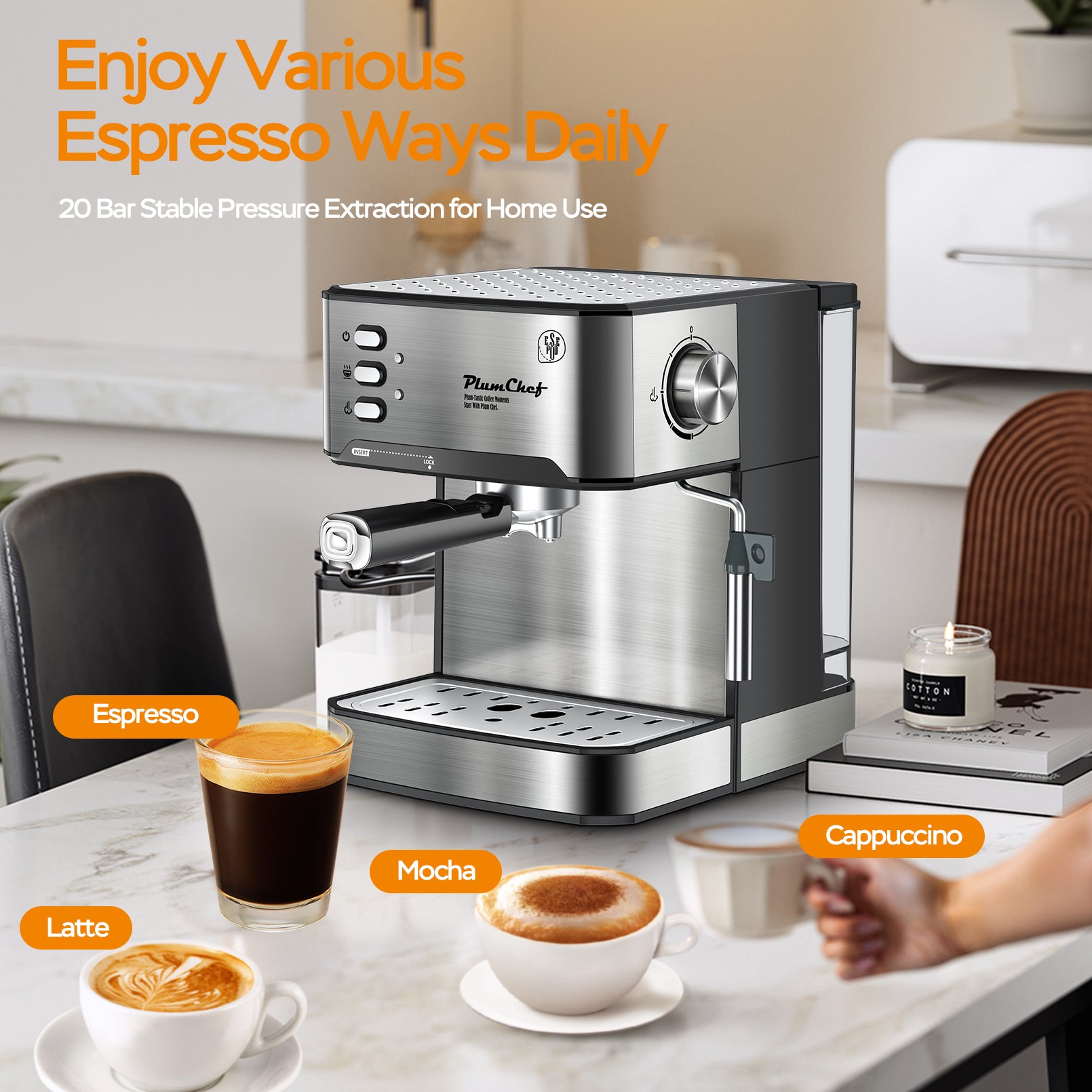 20 Bar Espresso Machine With Milk Frother, Single & Double Shot, ESE Pod Compatible, Visual Display Of Pressure, Removable Water Tank, Cappuccino, Latte, Machiato, Amazon Resale Prohibited