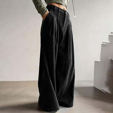 Women's Solid Color High-Waisted Pleated Pants, Wide Leg Trousers With Pockets For Casual Spring And Fall Wear