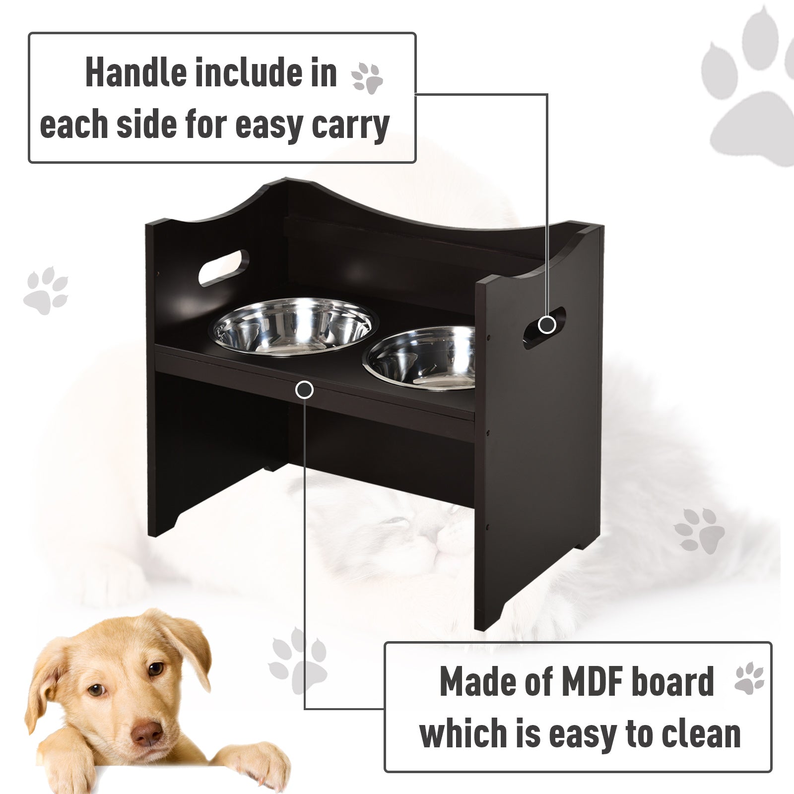 Raised Pet Food Elevated Feeder with 2 Stainless Steel Bowls, 3 Levels Adjustable Height Levels, and Wood Finish