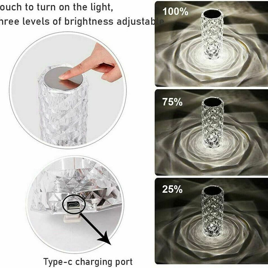 LED Crystal Table Lamp Diamond Rose Night Light Touch Atmosphere &Remote Control