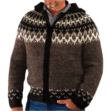 Men's Jacquard Knitted Hoodie With Long Sleeves And Zipper-front Cardigan Sweater