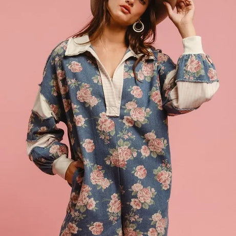 BiBi Washed Floral Denim Romper With Contrast Collar